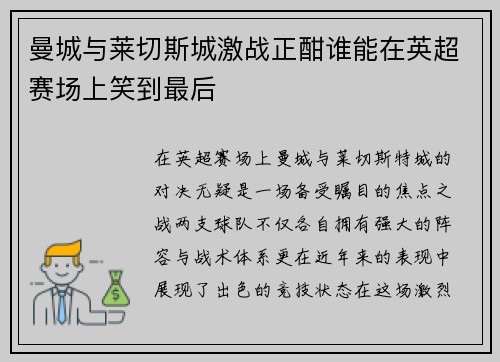 曼城与莱切斯城激战正酣谁能在英超赛场上笑到最后
